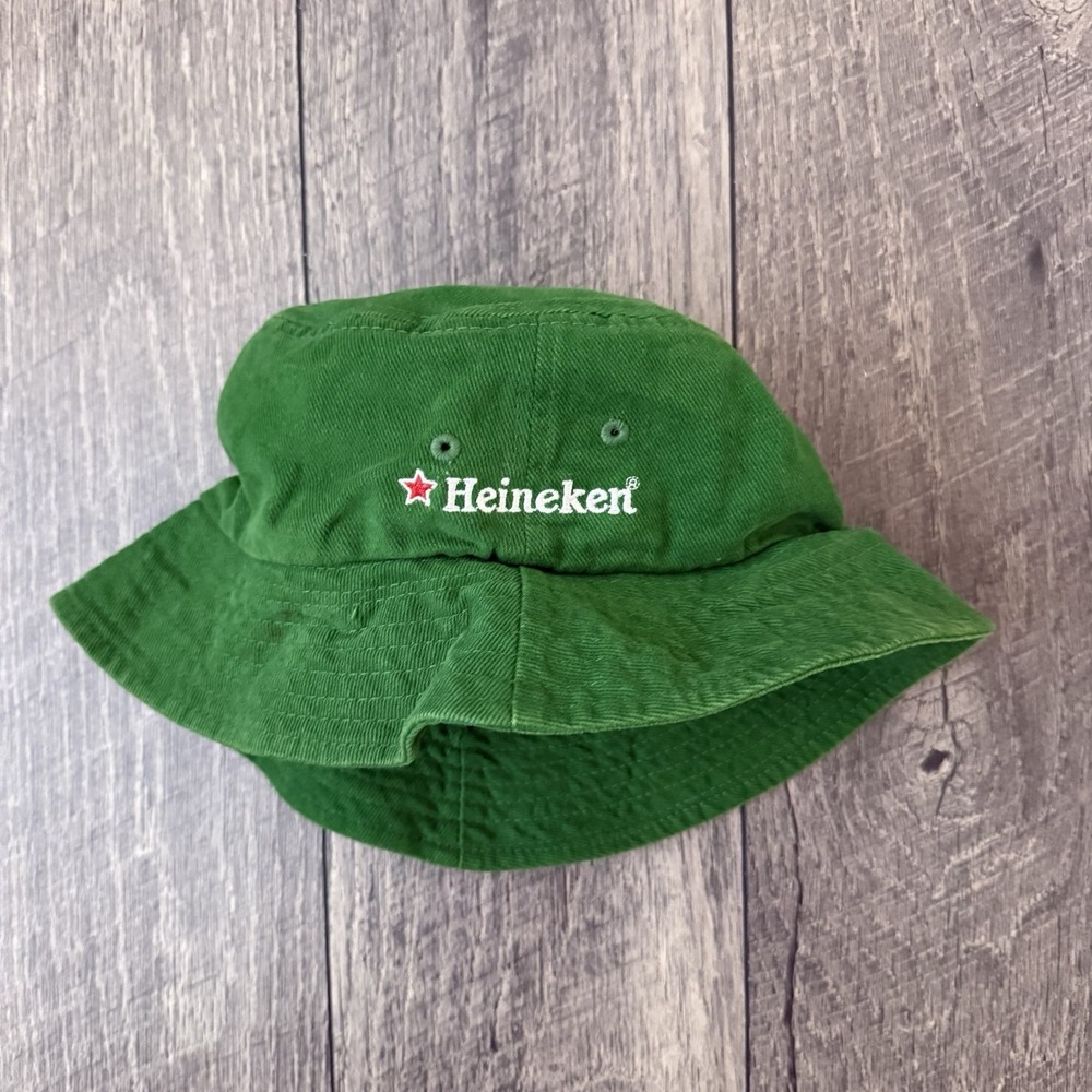 Vintage Heineken Green Bucket Hat Embroidered Spellout Logo Beer Promo Mens OSFM